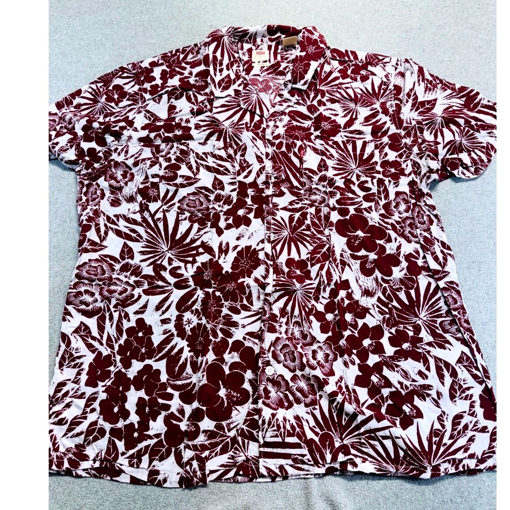 Levi's Relaxed Hawaiian Shirt Mens L Burgundy Floral Tropical Camp Shirt Vacay